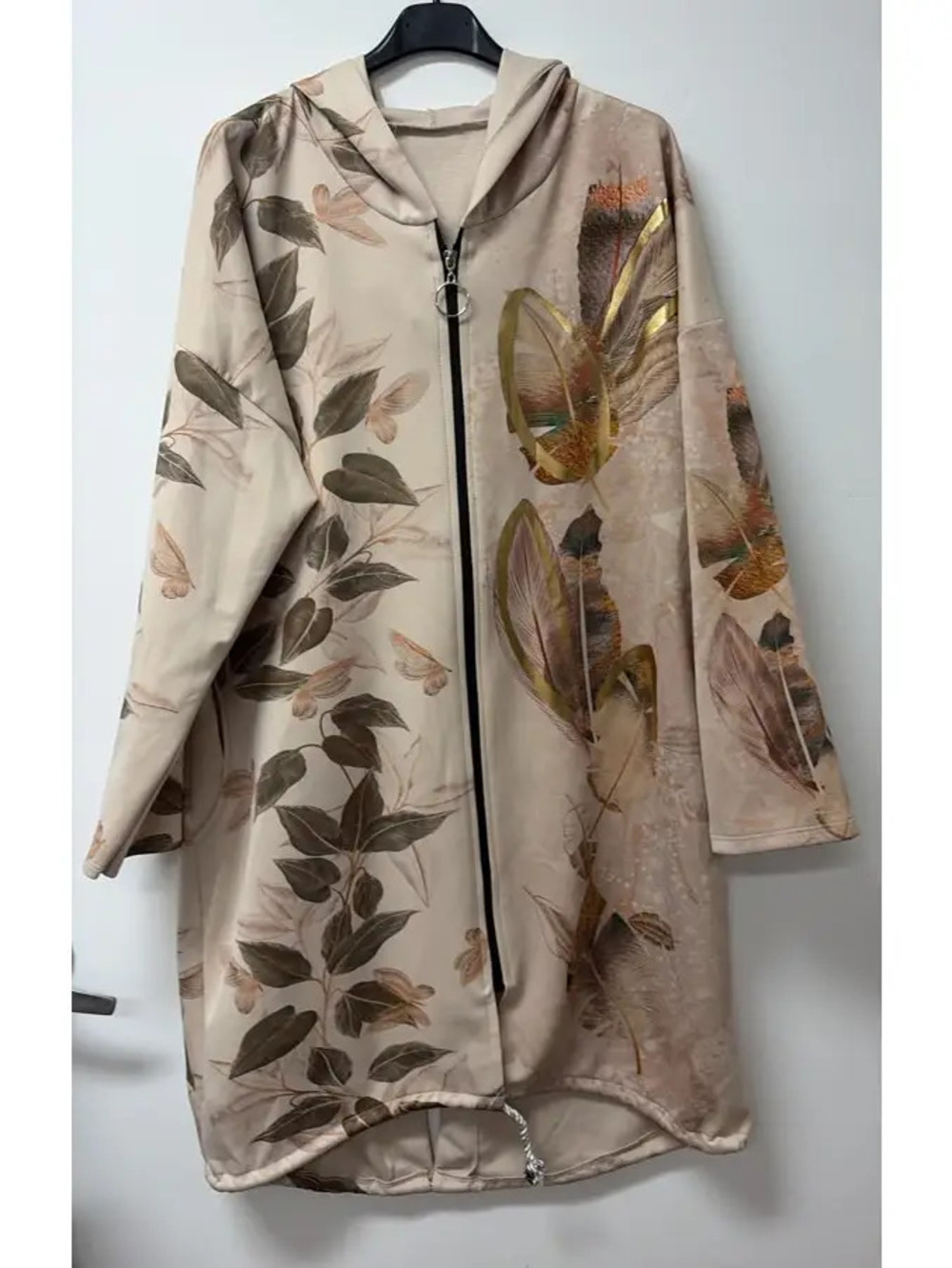 L1135 Loowie Botanical Gold Printed Long Zip Up Hooded Jacket One Size S-L